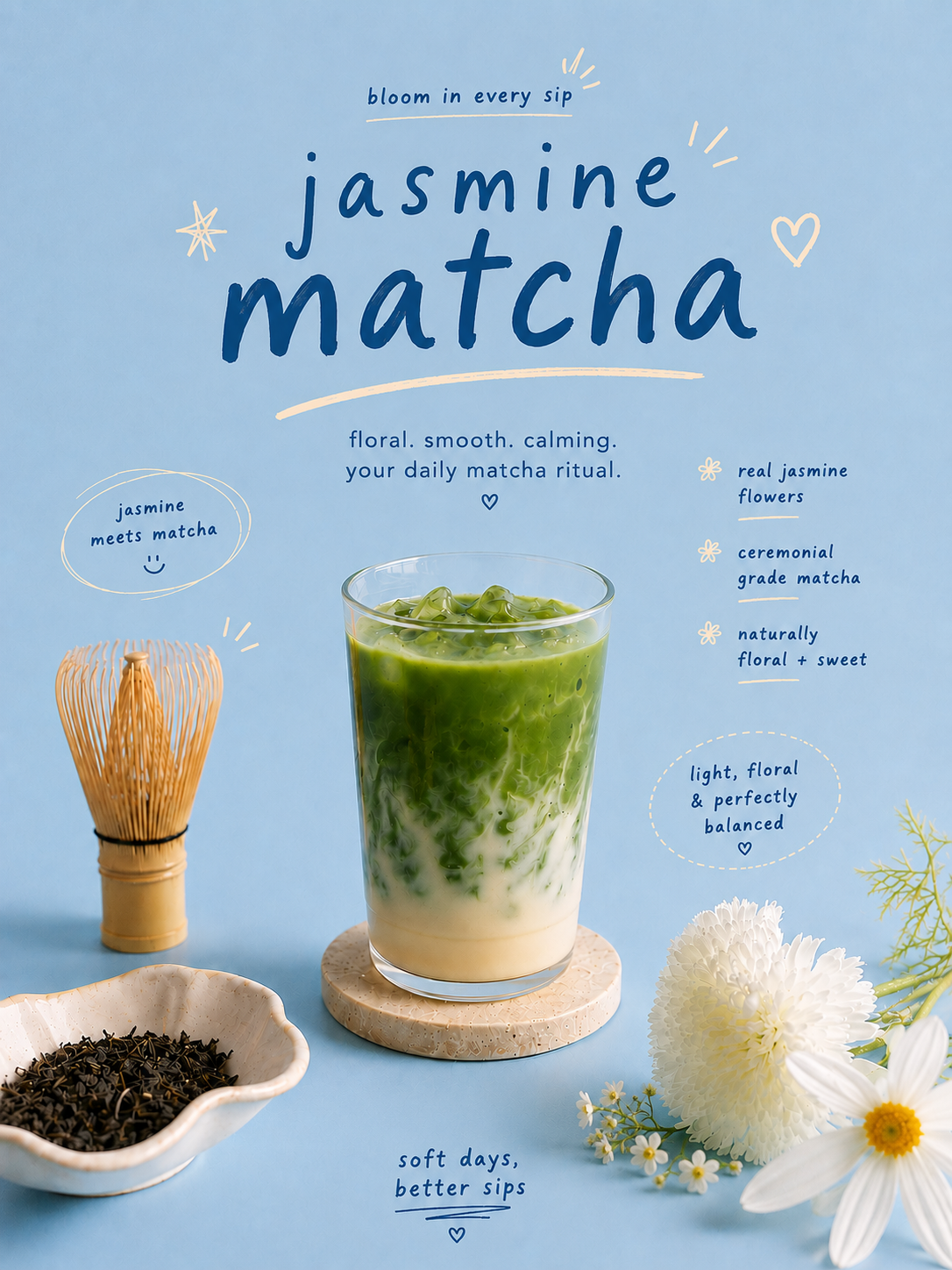 Glass of green tea with matcha whisk and flowers on a blue background, featuring text about jasmine matcha.