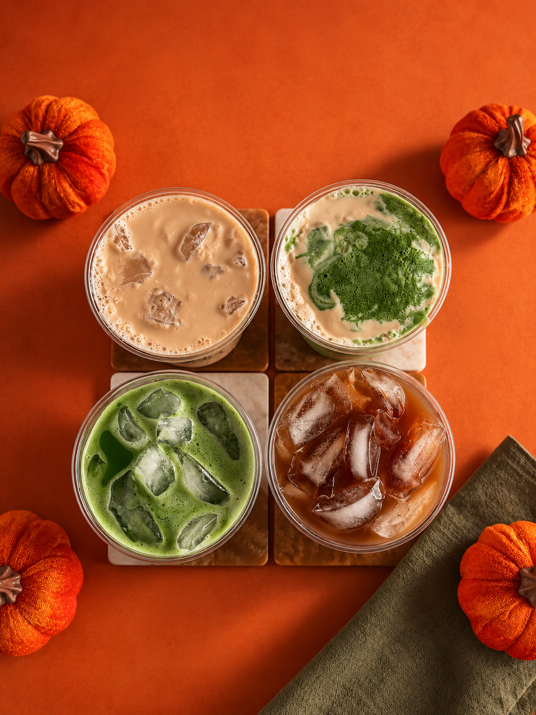 4 tea loft pumpkin matcha drinks. The 4 drinks are pumpkin cloud matcha, pumpkin spice latte. Tea loft Uji Premium
