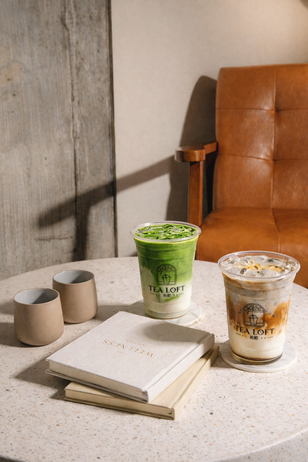 Two cups of tea from Tea Loft on a table with books and a brown leather chair in the background.