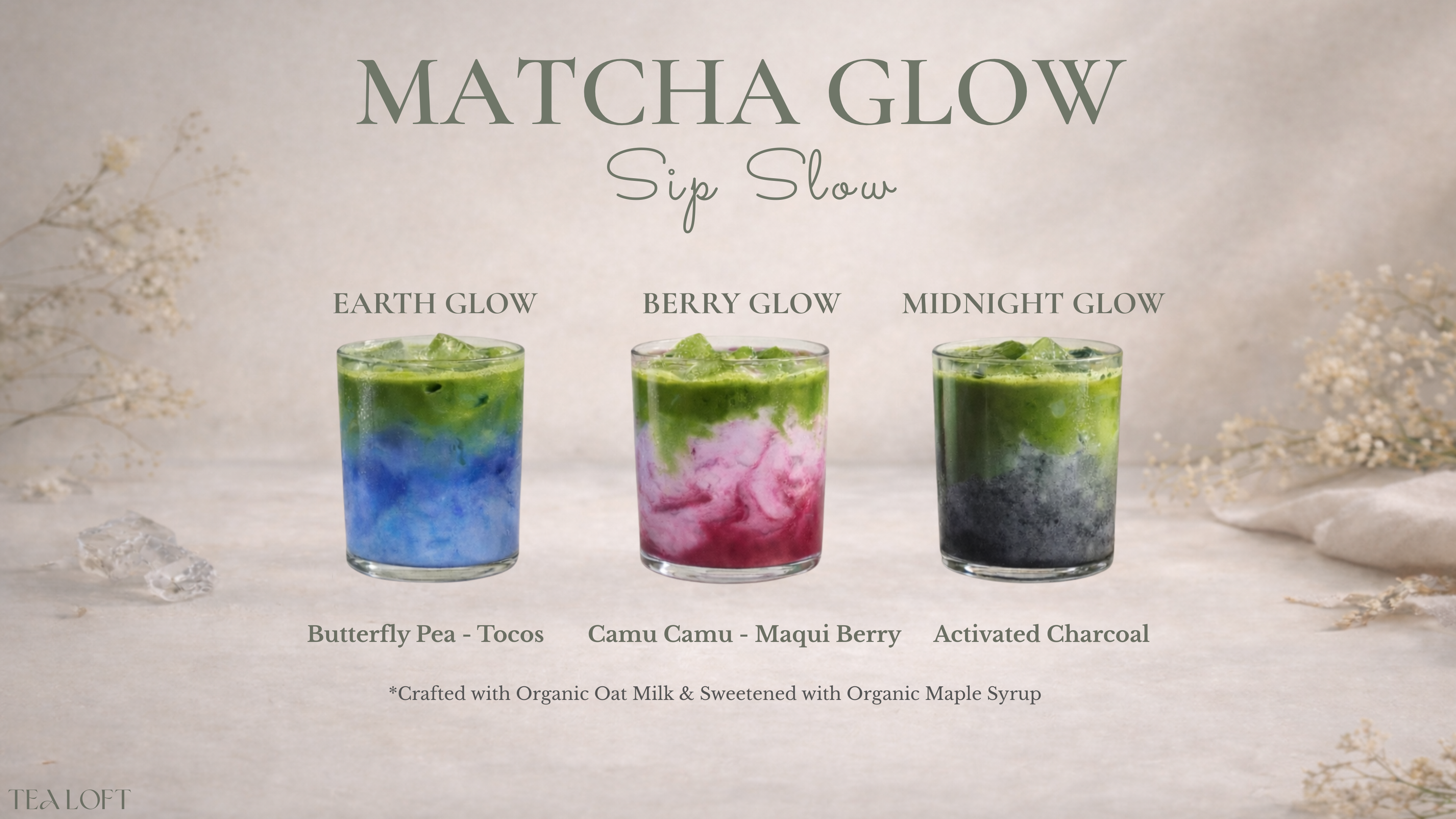 Tea Loft Matcha Glow Series SIp SLow Glow Brighter. 3 Matcha glasses that are elevated and bring distinct matcha flavors to Portland Oregon.