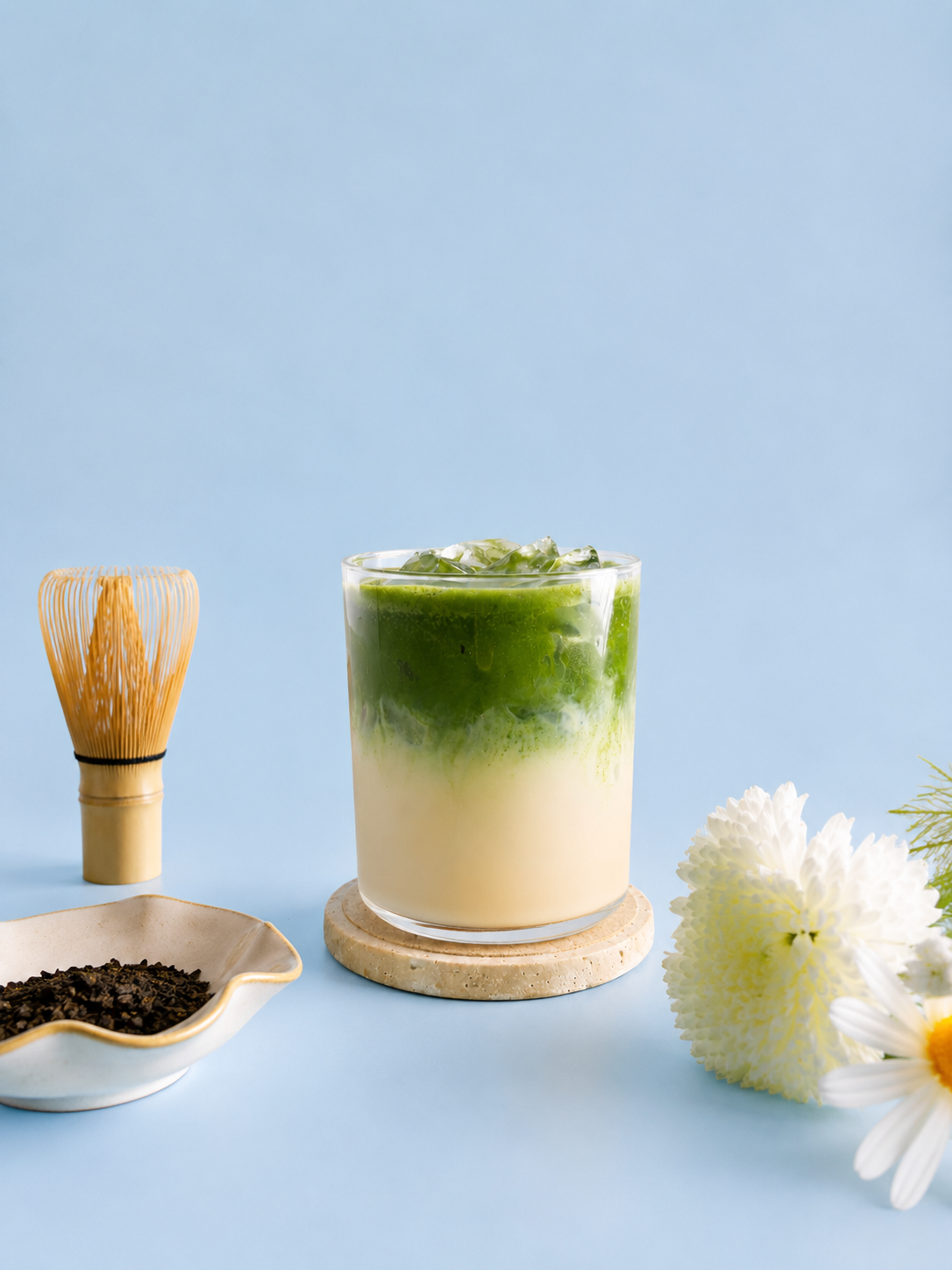 Matcha green tea latte with a bamboo whisk and white flowers on a light blue background