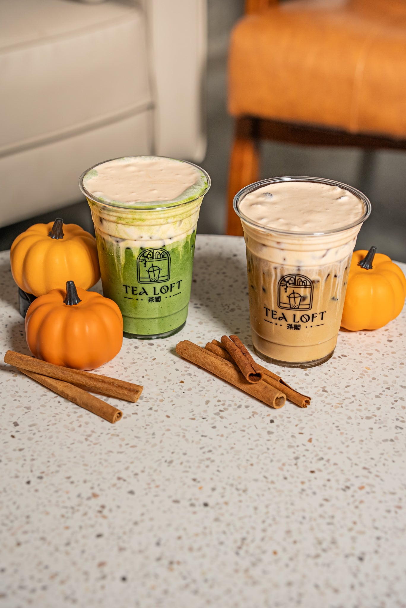 Pumpkin Matcha latte at Tea Loft Portland – creamy ceremonial-grade matcha blended with seasonal pumpkin spice for a cozy fall boba tea. Popular autumn drink on Mississippi Avenue, Tea Loft café specializing in matcha, boba, and tea in Portland, Oregon