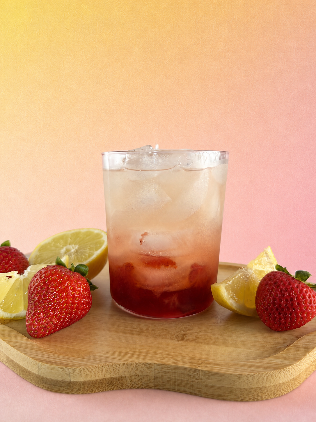 A clear glass tumbler filled with an iced pinkish-red drink and ice cubes, placed on a wooden serving board with strawberries and lemon wedges around it, against a soft pink-to-yellow gradient background.