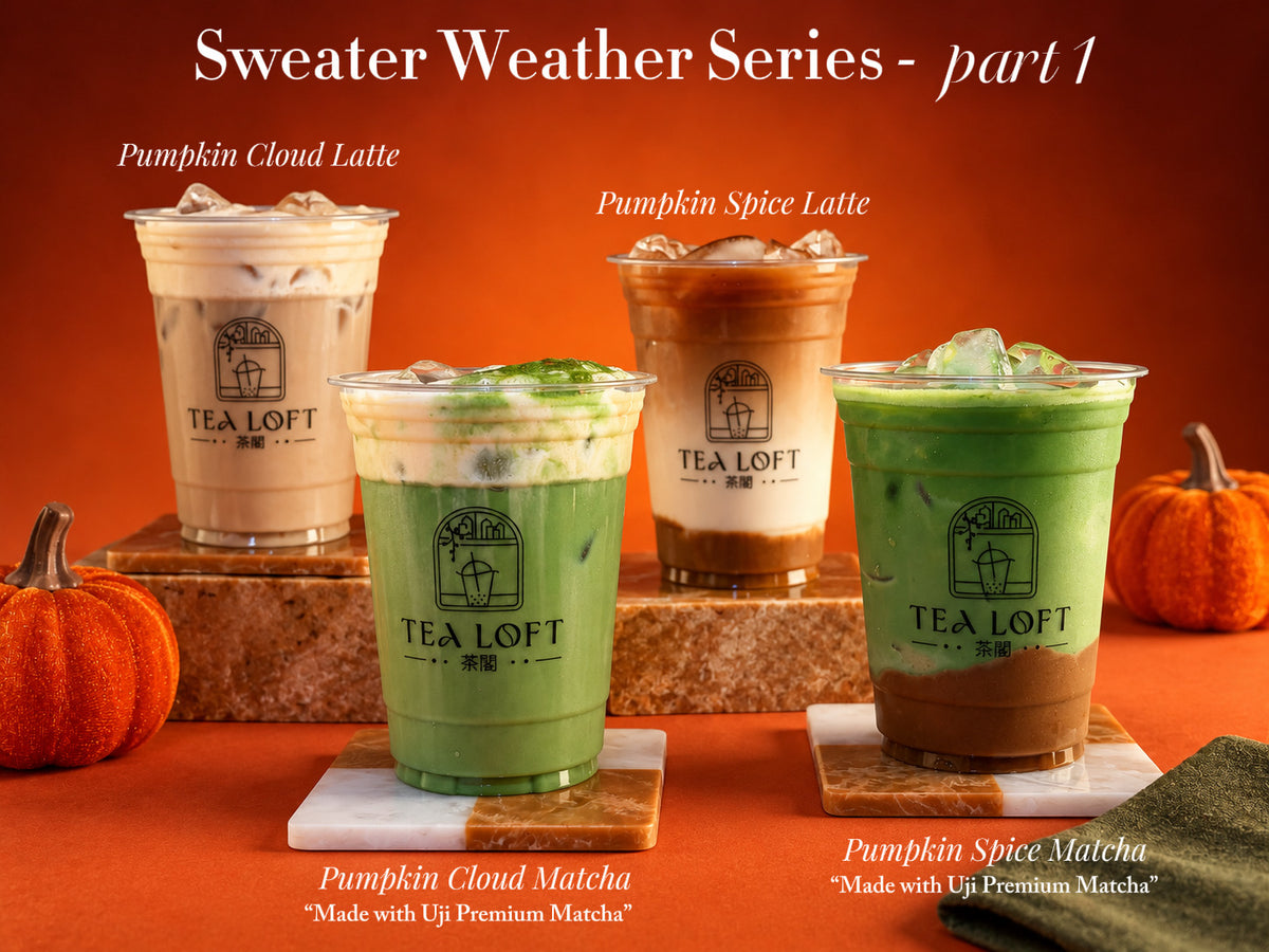 Tea Loft Pumpkin Series that Has the Pumpkin Cloud Latte, Pumpkin Spice Latte and Pumpkin Cloud Matcha and Pumpkin Spice Matcha with the Made with Uji Premium Matcha
