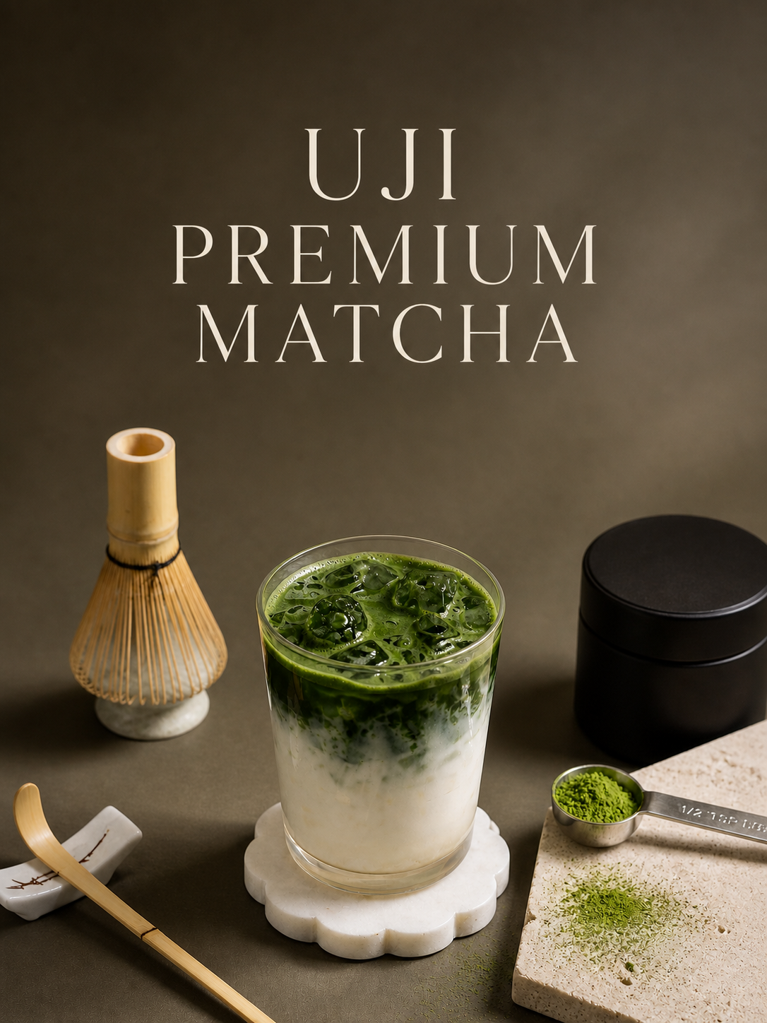 A glass of layered green and white matcha drink with large ice cubes, set on a white coaster against a dark brown background. The text 'UIJ PREMIUM MATCHA' appears above, with a bamboo whisk, wooden spoon, black container, and matcha powder scoop arranged around it.
